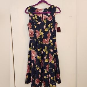 Modcloth Floral Rose Swing Dress Navy & Pink / Mauve - Large